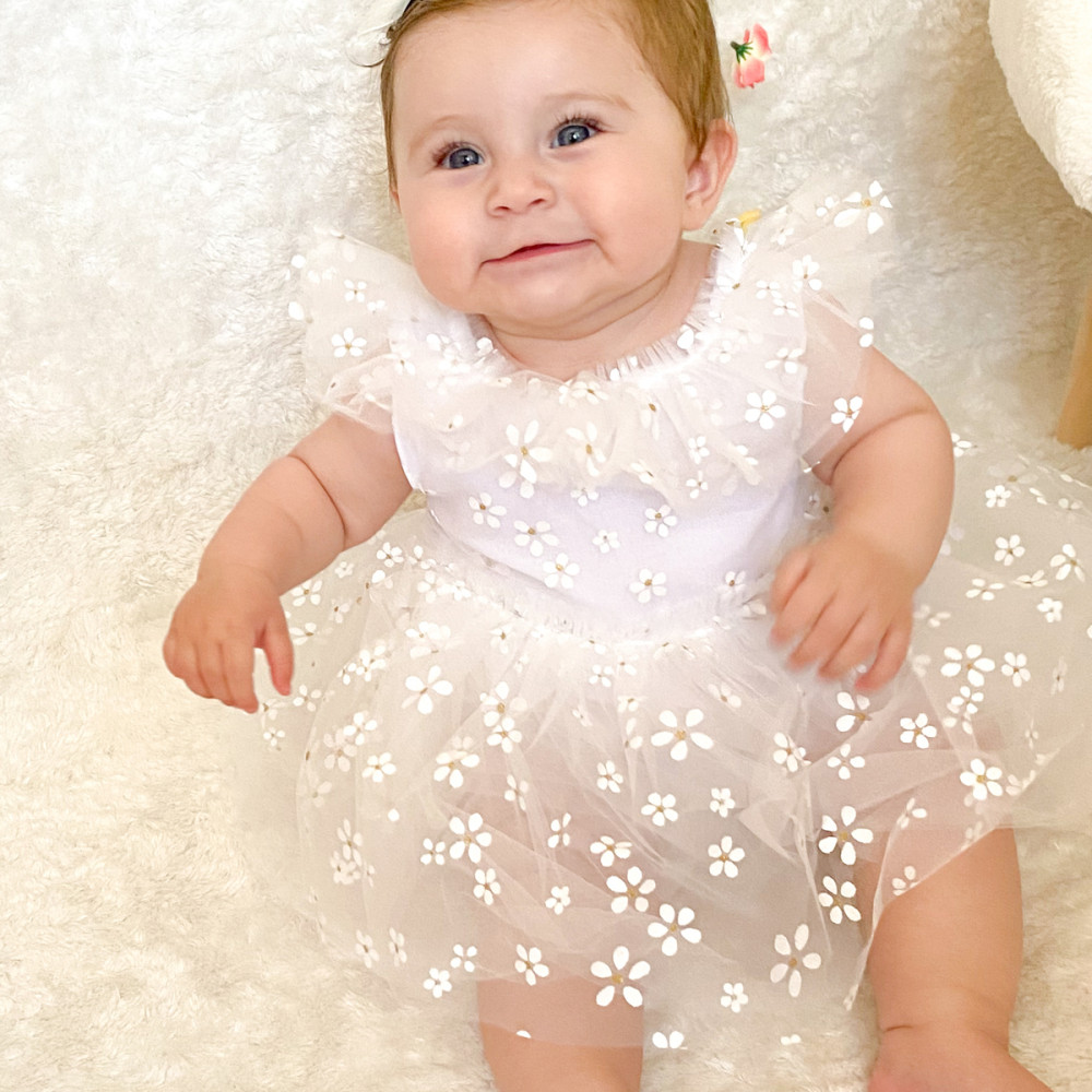 Kız Bebek Elbise Kız Çocuk Elbise Doğum Günü Parti Düğün Elbise Dantelli Kısa Kol Astarlı Beyaz