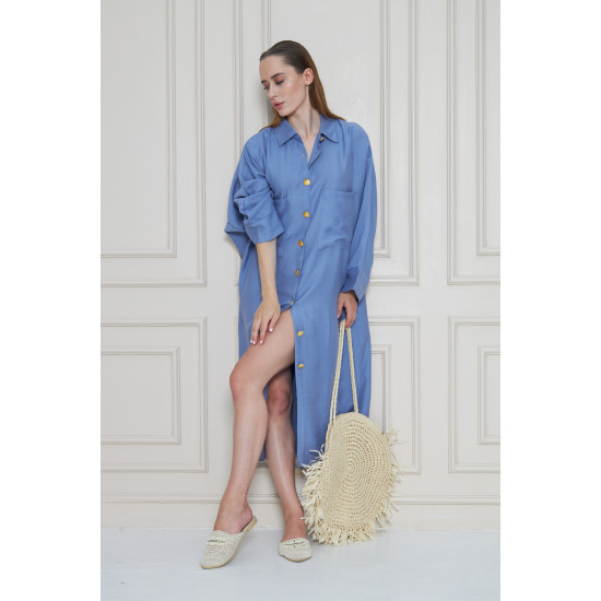 Pasaklı Giyim Kadın Oversize Yarasa Kol Tesettüre Uygun Gömlek Elbise-Tesettür Tunik 3282528 Mavi