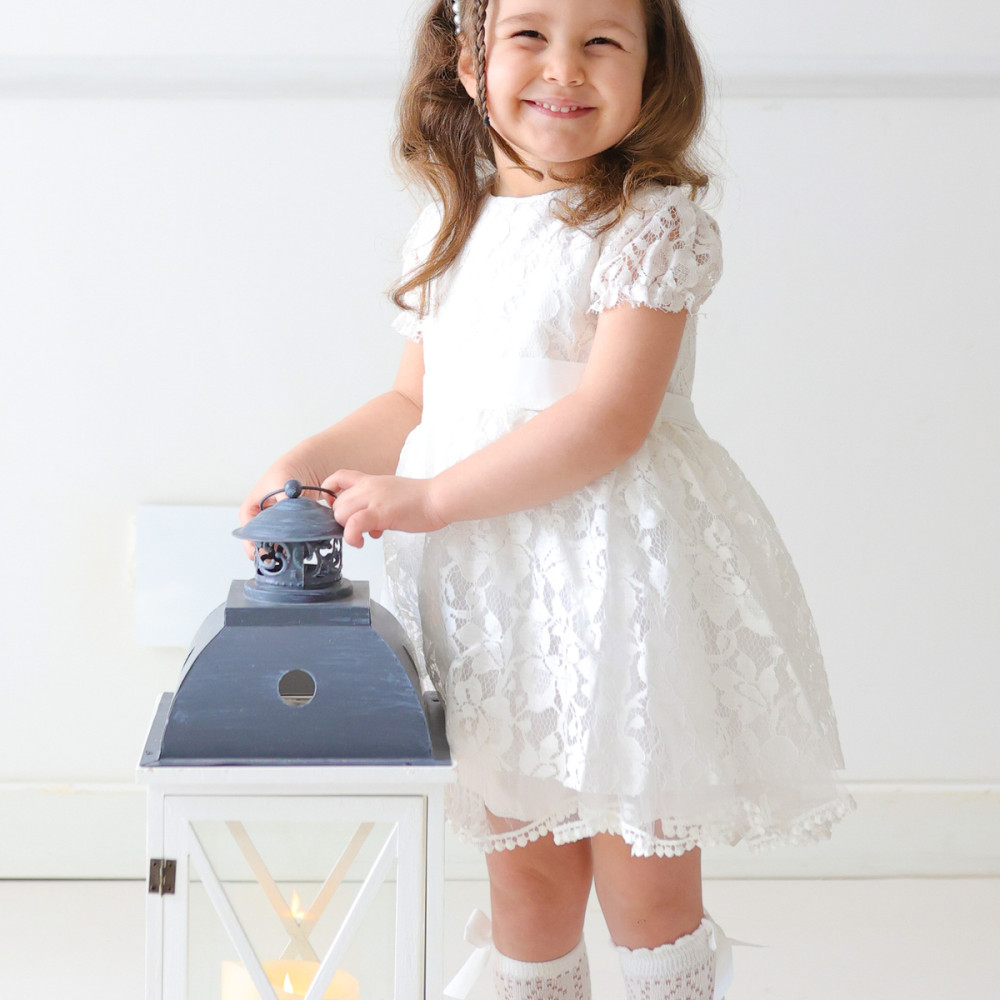 Kız Bebek Elbise Kız Çocuk Elbise Doğum Günü Parti Düğün Elbise Dantelli Kısa Kol Astarlı Elbise Beyaz