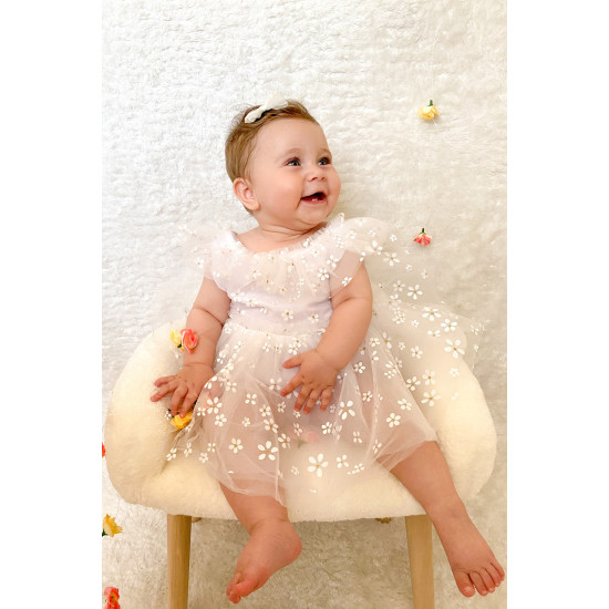 Kız Bebek Elbise Kız Çocuk Elbise Doğum Günü Parti Düğün Elbise Dantelli Kısa Kol Astarlı Elbise