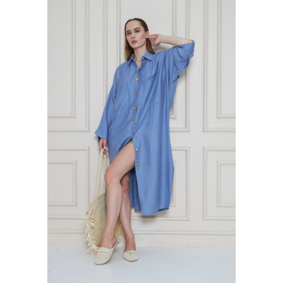 Pasaklı Giyim Kadın Oversize Yarasa Kol Tesettüre Uygun Gömlek Elbise-Tesettür Tunik 3282528 Mavi