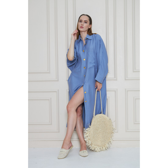 Pasaklı Giyim Kadın Oversize Yarasa Kol Tesettüre Uygun Gömlek Elbise-Tesettür Tunik 3282528 Mavi