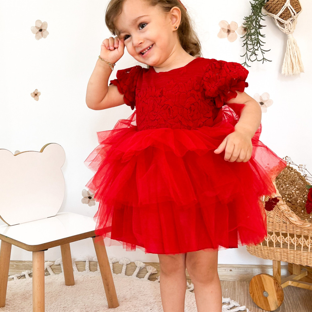 Kız Bebek Elbise Kız Çocuk Elbise Doğum Günü Parti Düğün Elbise Dantelli Kısa Kol Astarlı Elbise Kırmızı