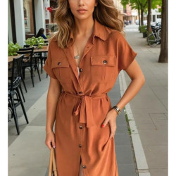 Kadın Kiremit Kırışmaz Bol Kesim Cepli Kısa Kollu Düğmeli Günlük Uzun Yazlık Gömlek Elbise 4045363