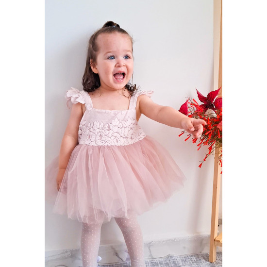 Kız Bebek Kız Çocuk Doğum Günü Parti Düğün Elbise Kısa Kol Kurdela Bandanalı Dantelli Astarlı Romper Açık Pembe