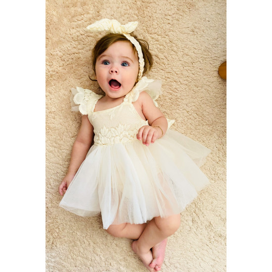 Kız Bebek Kız Çocuk Doğum Günü Parti Düğün Elbise Kısa Kol Kurdela Bandanalı Dantelli Astarlı Romper Krem