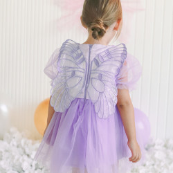 Kız Bebek Kız Çocuk Doğum Günü Parti Düğün Elbise Balonkol Kanatlı Tüllü Tütülü Tütü Astarlı Mor