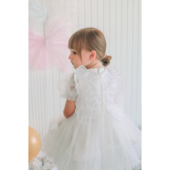 Kız Bebek Kız Çocuk Doğum Günü Parti Düğün Elbise Balonkol Kanatlı Tüllü Tütülü Tütü Astarlı Beyaz
