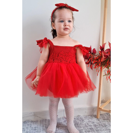 Kız Bebek Kız Çocuk Doğum Günü Parti Düğün Elbise Kısa Kol Kurdela Bandanalı Dantelli Astarlı Romper