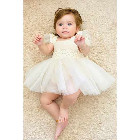 Kız Bebek Kız Çocuk Doğum Günü Parti Düğün Elbise Kısa Kol Kurdela Bandanalı Dantelli Astarlı Romper Krem