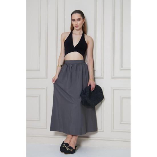 Kadın Yeni Sezon Gri Paraşüt Kumaş Yazlık Gizli Fermuarlı Uzun Etek 3730300