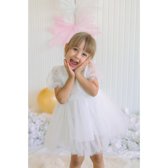 Kız Bebek Kız Çocuk Doğum Günü Parti Düğün Elbise Balonkol Kanatlı Tüllü Tütülü Tütü Astarlı Beyaz