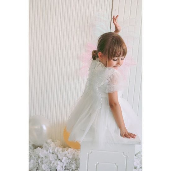 Kız Bebek Kız Çocuk Doğum Günü Parti Düğün Elbise Balonkol Kanatlı Tüllü Tütülü Tütü Astarlı Beyaz