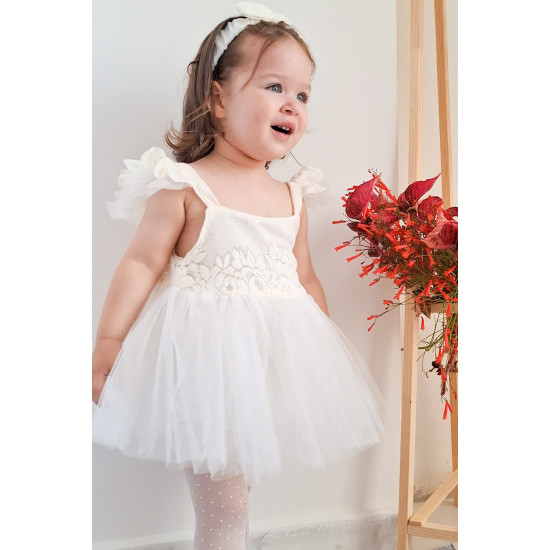 Kız Bebek Kız Çocuk Doğum Günü Parti Düğün Elbise Kısa Kol Kurdela Bandanalı Dantelli Astarlı Romper Krem