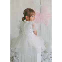 Kız Bebek Kız Çocuk Doğum Günü Parti Düğün Elbise Balonkol Kanatlı Tüllü Tütülü Tütü Astarlı Beyaz