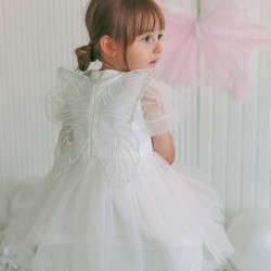 Kız Bebek Kız Çocuk Doğum Günü Parti Düğün Elbise Balonkol Kanatlı Tüllü Tütülü Tütü Astarlı Beyaz