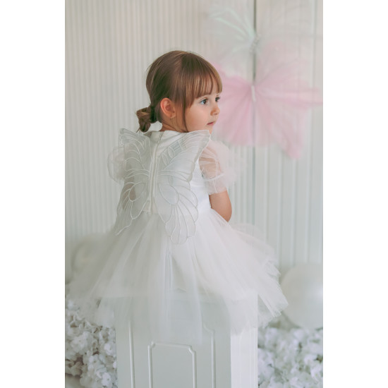 Kız Bebek Kız Çocuk Doğum Günü Parti Düğün Elbise Balonkol Kanatlı Tüllü Tütülü Tütü Astarlı Beyaz
