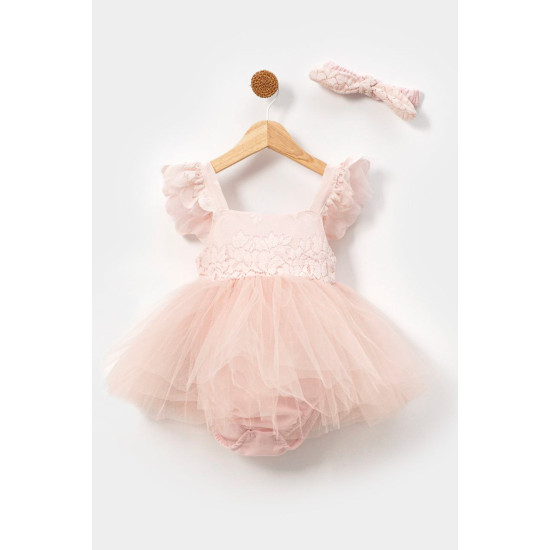 Kız Bebek Kız Çocuk Doğum Günü Parti Düğün Elbise Kısa Kol Kurdela Bandanalı Dantelli Astarlı Romper Açık Pembe