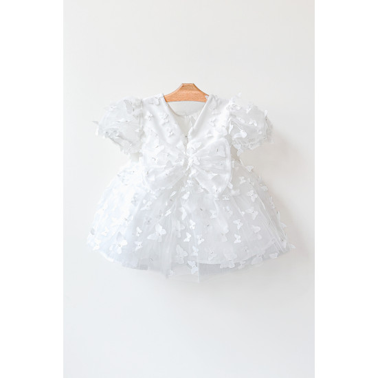 Kız Bebek Kız Çocuk Doğum Günü Parti Düğün Elbise Balonkol Kelebekli Fiyonklu Tüllü Tütü Astarlı