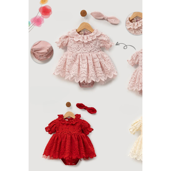 Kız Bebek Kız Çocuk Doğum Günü Parti Düğün Elbise Kısa Kol Bandanalı Dantelli Astarlı Romper