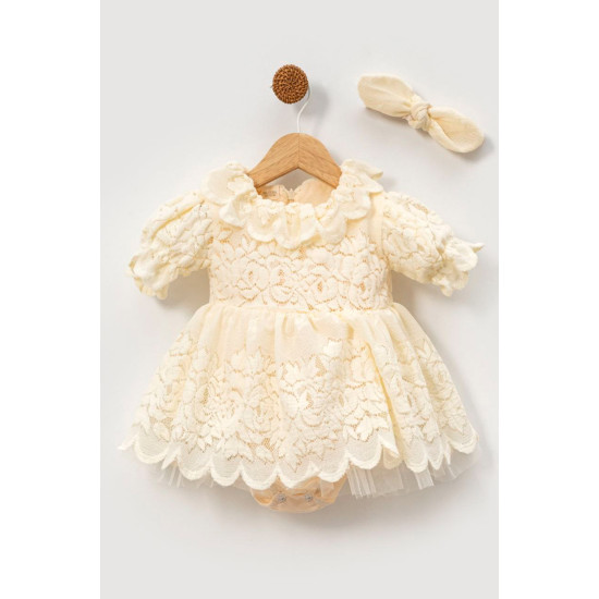 Kız Bebek Kız Çocuk Doğum Günü Parti Düğün Elbise Kısa Kol Bandanalı Dantelli Astarlı Romper