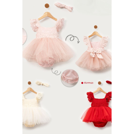 Kız Bebek Kız Çocuk Doğum Günü Parti Düğün Elbise Kısa Kol Kurdela Bandanalı Dantelli Astarlı Romper Açık Pembe