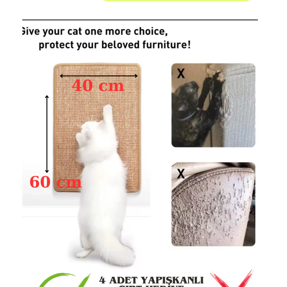 Doğal Sisal Kedi Tırmalama Matı 60x40 Cm Kedi Otlu Duva Zemin Mobilya Uyumlu Çok Yönlü Kullanım