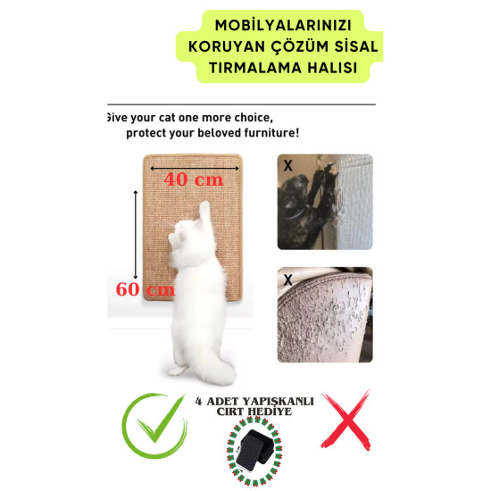 Doğal Sisal Kedi Tırmalama Matı 60x40 Cm Kedi Otlu Duva Zemin Mobilya Uyumlu Çok Yönlü Kullanım