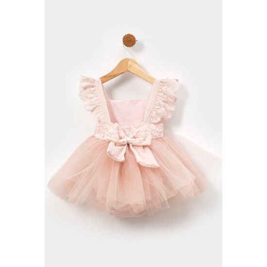 Kız Bebek Kız Çocuk Doğum Günü Parti Düğün Elbise Kısa Kol Kurdela Bandanalı Dantelli Astarlı Romper Açık Pembe