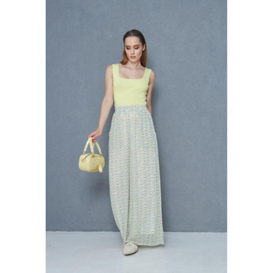 Kadın Ekru Pantolon, Şifon Astarlı Cepli Beli Lastikli Çiçek Desenli, Bol Paça 3756385