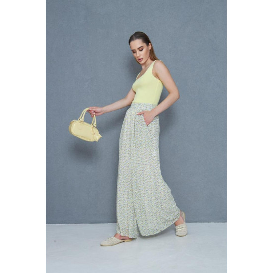 Kadın Ekru Pantolon, Şifon Astarlı Cepli Beli Lastikli Çiçek Desenli, Bol Paça 3756385