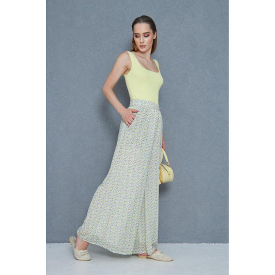 Kadın Ekru Pantolon, Şifon Astarlı Cepli Beli Lastikli Çiçek Desenli, Bol Paça 3756385