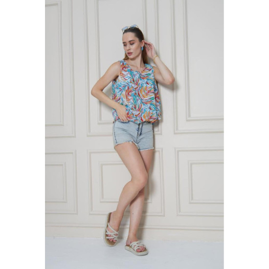 Kadın Turuncu Mavi Şifon Beli Lastikli Kolsuz Balon Bluz 3748242