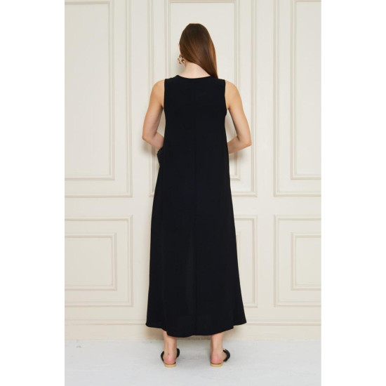 Kadın Siyah Sıfır Kol Aerobin Kumaş A Kesim Yırtmaçlı Maxi Yazlık Elbise 3760330