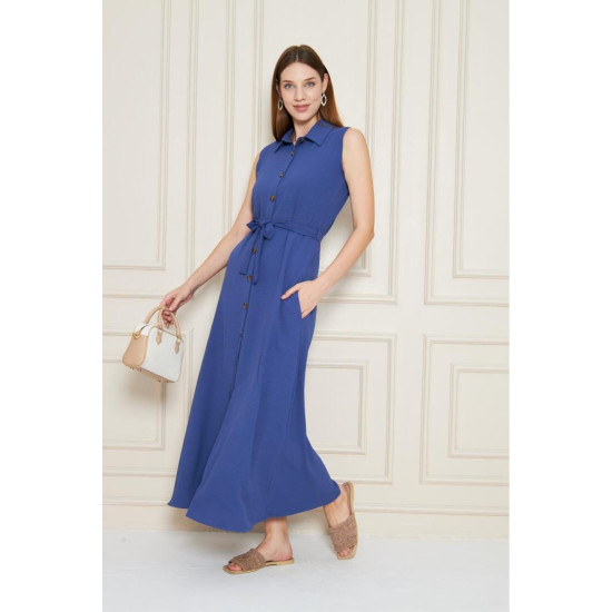 Kadın Uzun Aerobin Elbise – Gömlek Yaka, Kolsuz, Kemerli, Yandan Cepli Yazlık-3762385