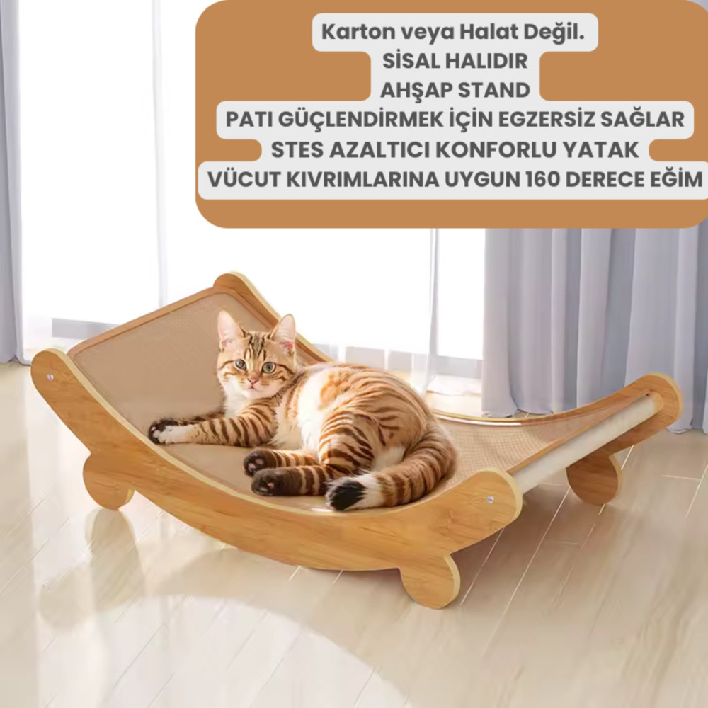 Doğal Sisal Kedi Tırmalama Yatağı - Sisal Halı Tırmalama Kolay Montaj Ahşap Yatak