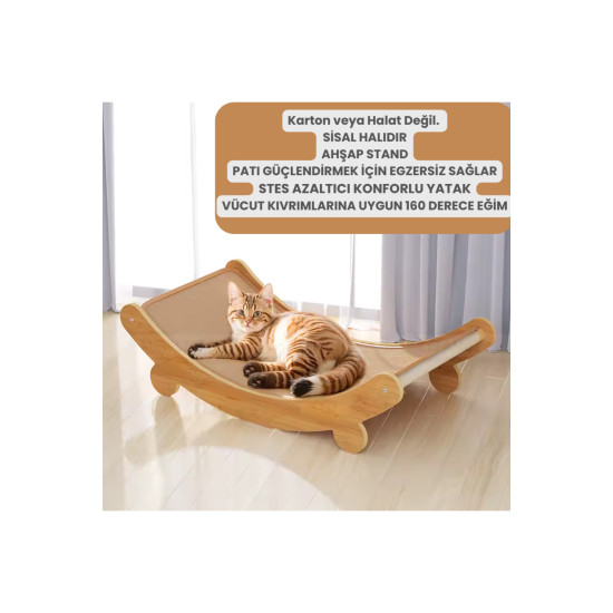Doğal Sisal Kedi Tırmalama Yatağı - Sisal Halı Tırmalama Kolay Montaj Ahşap Yatak