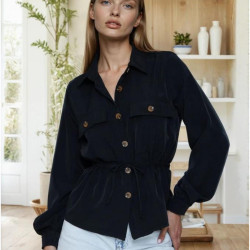 Kadın Siyah Kupra Kumaş Uzun Kollu Beli Büzgülü Bluz/Gömlek 3738308