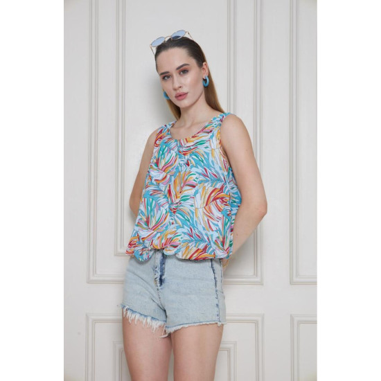 Kadın Turuncu Mavi Şifon Beli Lastikli Kolsuz Balon Bluz 3748242