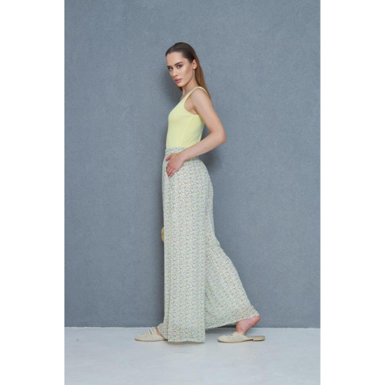 Kadın Ekru Pantolon, Şifon Astarlı Cepli Beli Lastikli Çiçek Desenli, Bol Paça 3756385