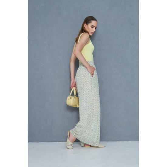 Kadın Ekru Pantolon, Şifon Astarlı Cepli Beli Lastikli Çiçek Desenli, Bol Paça 3756385