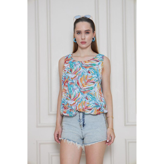 Kadın Turuncu Mavi Şifon Beli Lastikli Kolsuz Balon Bluz 3748242
