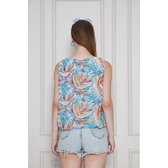 Kadın Turuncu Mavi Şifon Beli Lastikli Kolsuz Balon Bluz 3748242