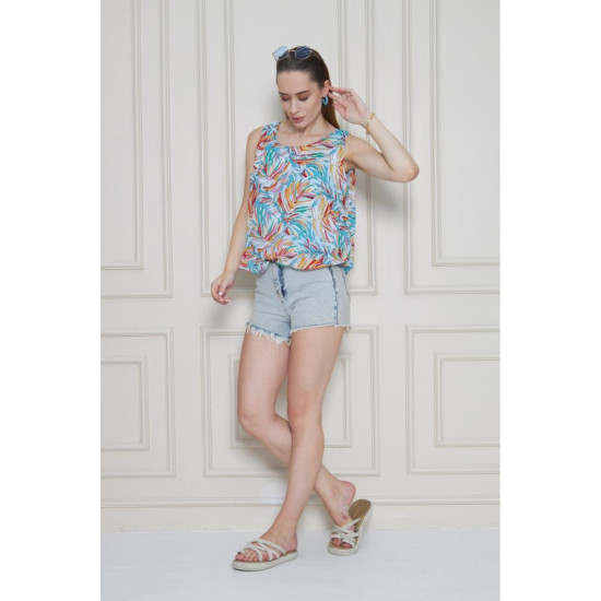 Kadın Turuncu Mavi Şifon Beli Lastikli Kolsuz Balon Bluz 3748242