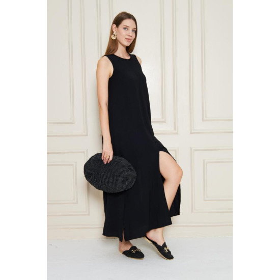 Kadın Siyah Sıfır Kol Aerobin Kumaş A Kesim Yırtmaçlı Maxi Yazlık Elbise 3760330