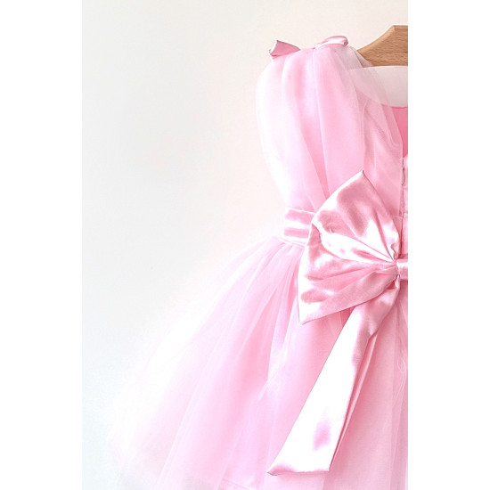 Kız Bebek Kız Çocuk Doğum Günü Parti Düğün Elbise Balonkol Fiyonklu Tüllü Tütü Astarlı