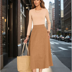 Kadın Kahve Midi Boy Dar Kalıp Kaşe Dokulu Kumaş Yüksek Bel Cepli Kiloş Etek 3461210