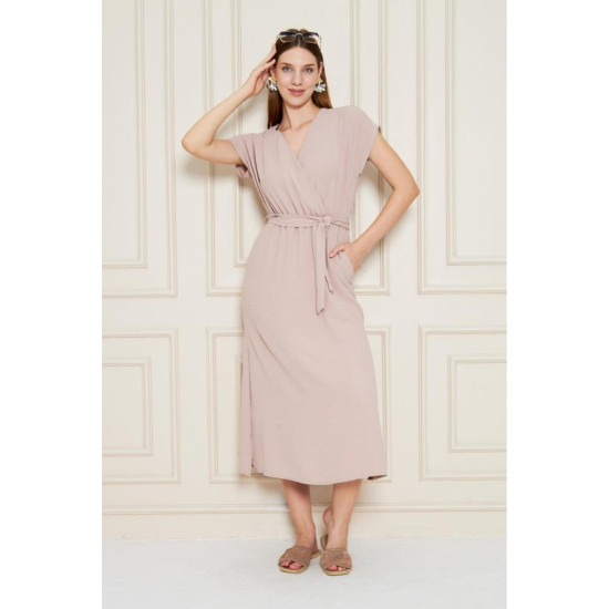 Pasaklı Giyim Kadın Kruvaze Yaka Elbise 3764341 Pudra