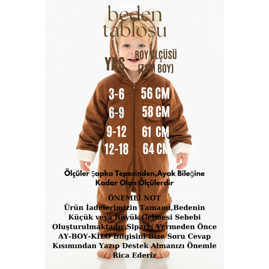 Kız Erkek Unisex Mevsimlik Çift Kat Kadife Ultrasoft Şapkalı Bebek Çocuk Uyku Tulumu Astronot Tulum Açık Kahverengi