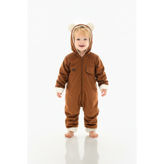 Kız Erkek Unisex Mevsimlik Çift Kat Kadife Ultrasoft Şapkalı Bebek Çocuk Uyku Tulumu Astronot Tulum Koyu Kahverengi